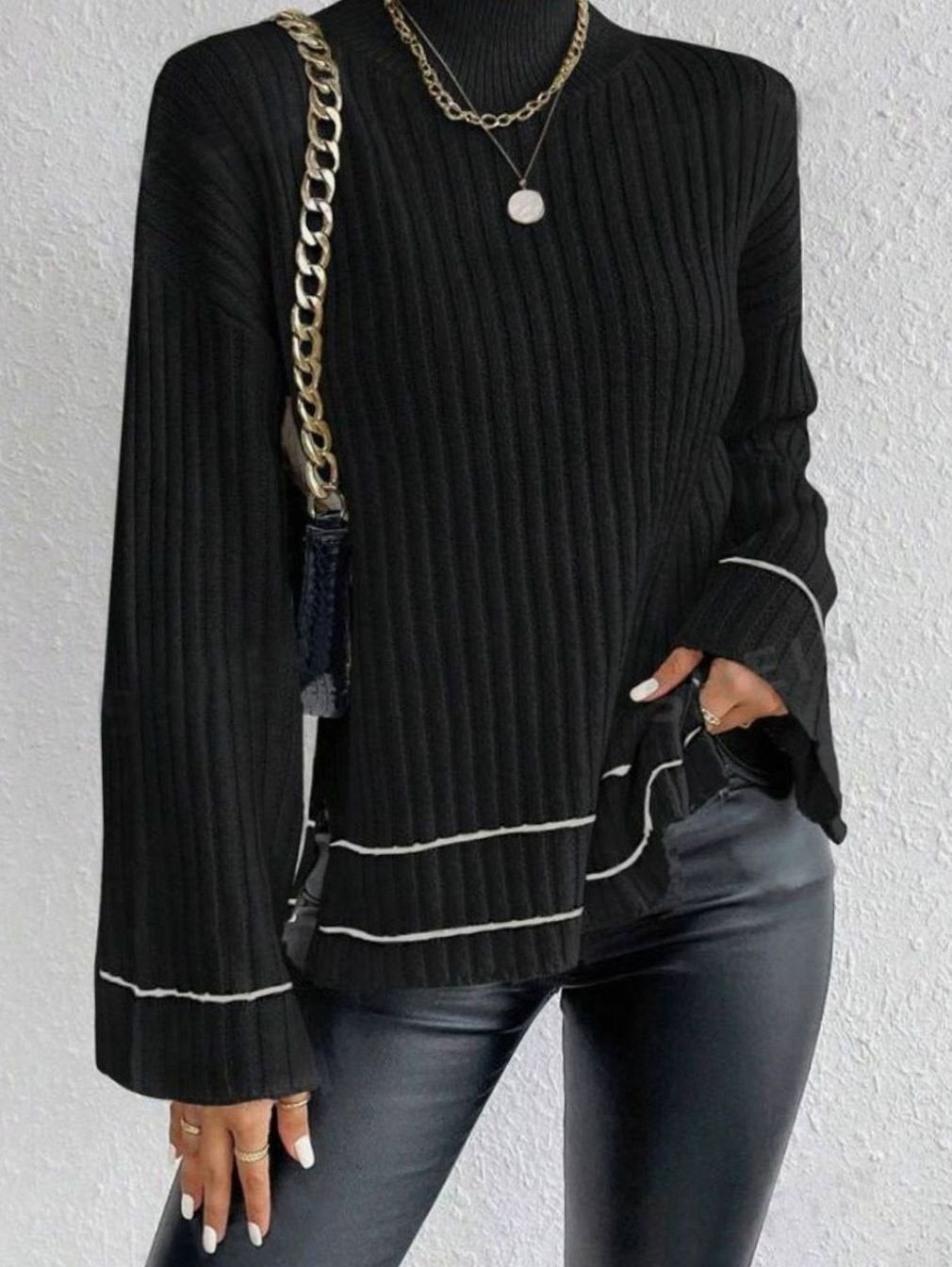 Jersey de cuello alto para mujer, de punto, con mangas acampanadas. Ropa de abrigo elegante y cómoda para invierno.