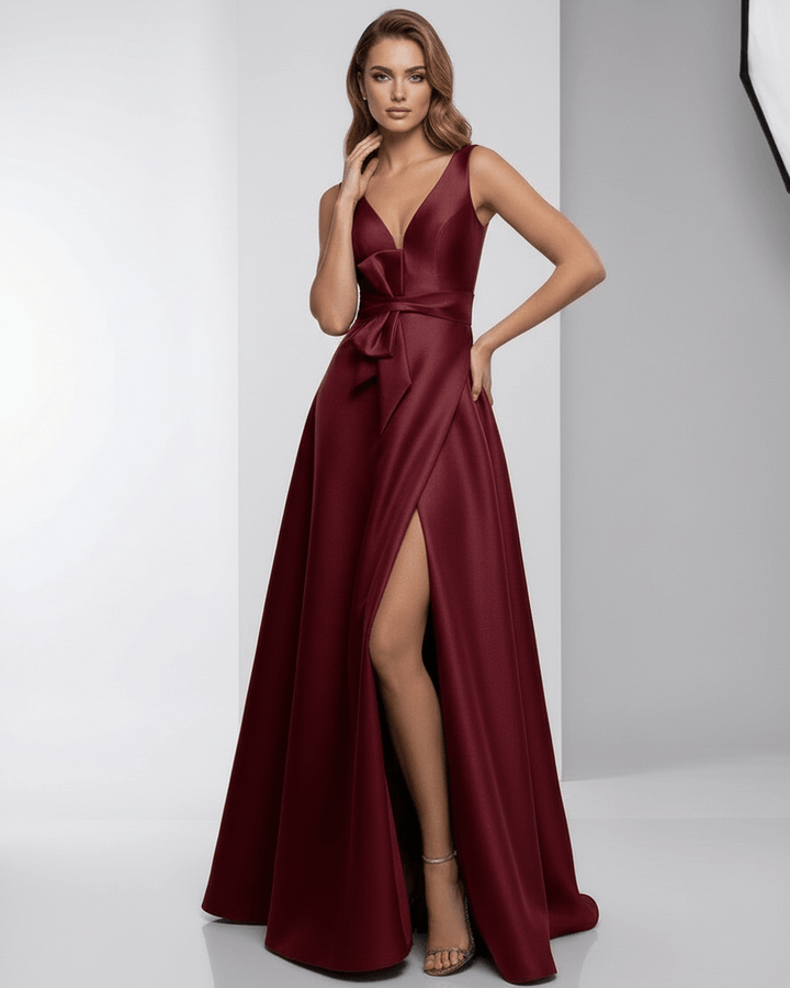 Elegante vestido de noche burdeos para mujer, corte A-line, sin mangas y escote V, perfecto para fiestas.