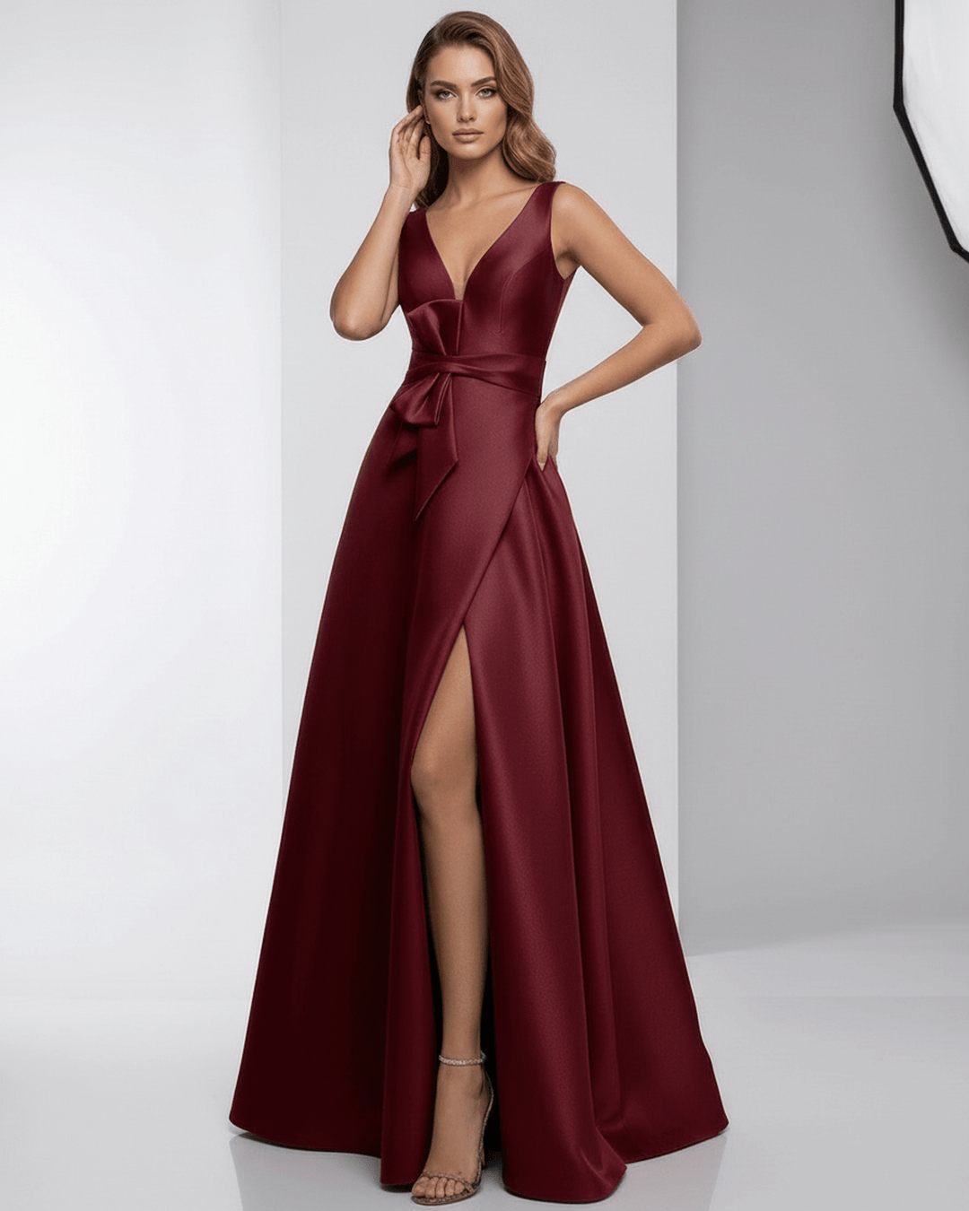 Vestido de gala burdeos A-line para mujer, ideal para invitadas de boda y ocasiones muy formales.
