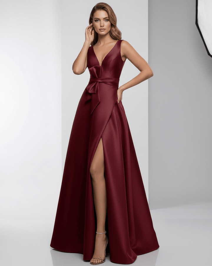 Vestido de gala burdeos A-line para mujer, ideal para invitadas de boda y ocasiones muy formales.