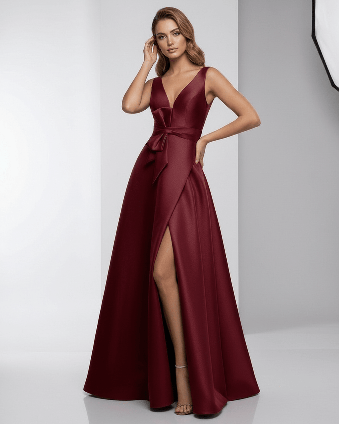 Maxi vestido de fiesta burdeos, con silueta A-line y diseño sofisticado para noches elegantes.