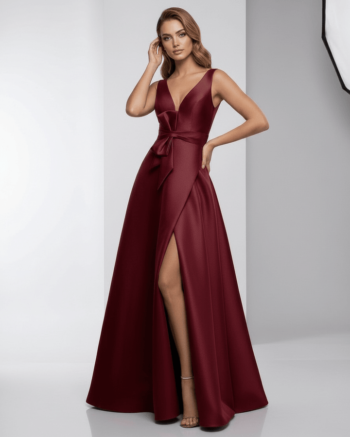 Maxi vestido de fiesta burdeos, con silueta A-line y diseño sofisticado para noches elegantes.