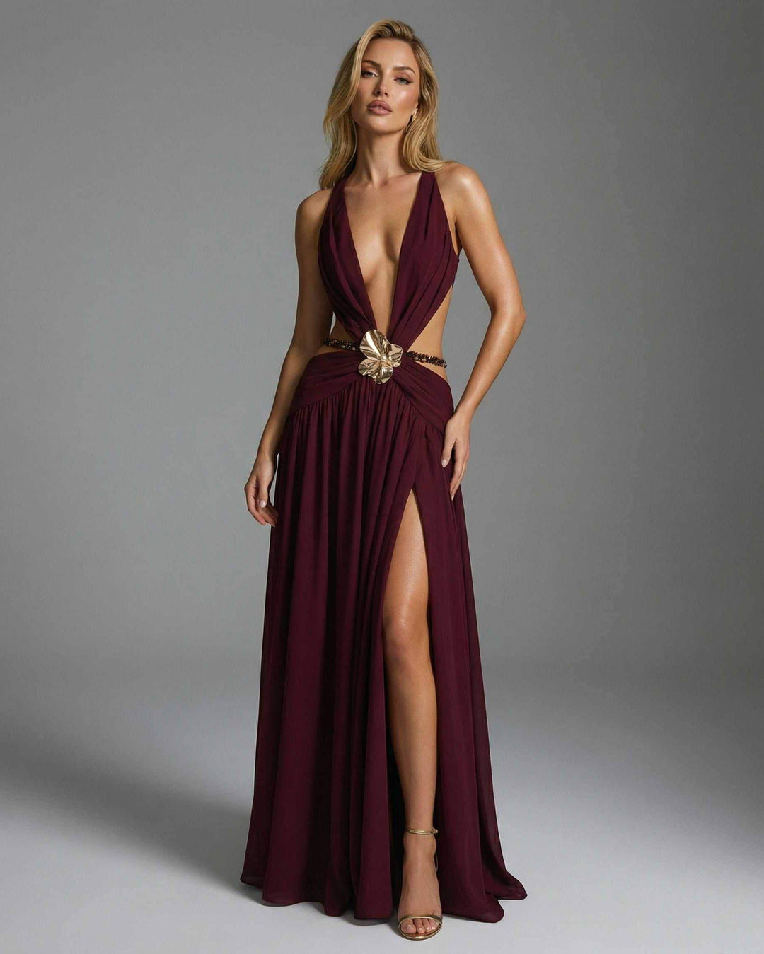 Vestido maxi de noche burdeos para mujer, escote V. Ideal para fiesta y ocasiones especiales.