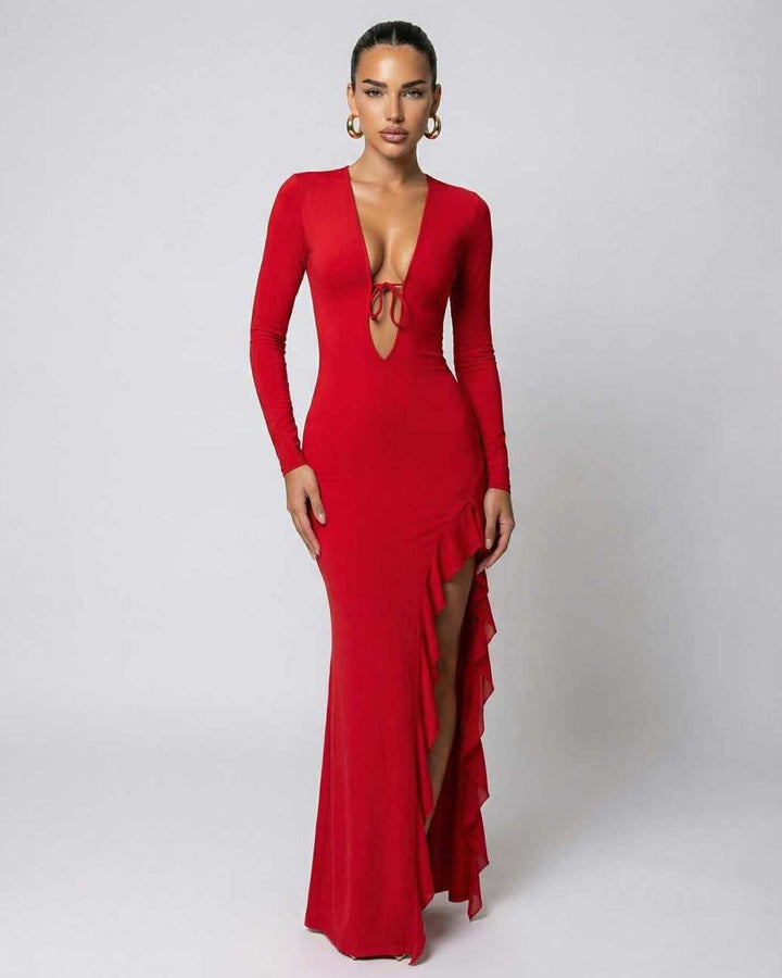 Vestido maxi Valencia elegante para mujer con escote V y abertura. Silueta fluida ideal para fiestas y ocasiones formales.