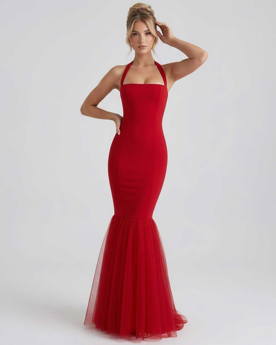 Vestido de fiesta rojo maxi halter para mujer, con espalda abierta. Ideal para eventos y graduación.