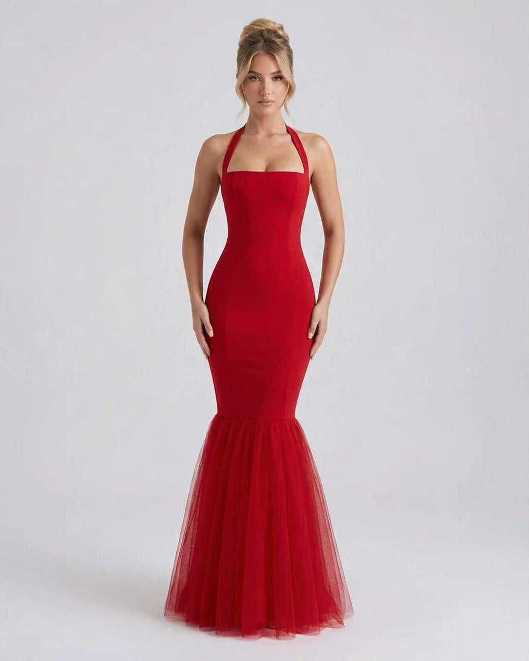 Vestido maxi halter rojo elegante para mujer, perfecto para fiesta o evento de noche.