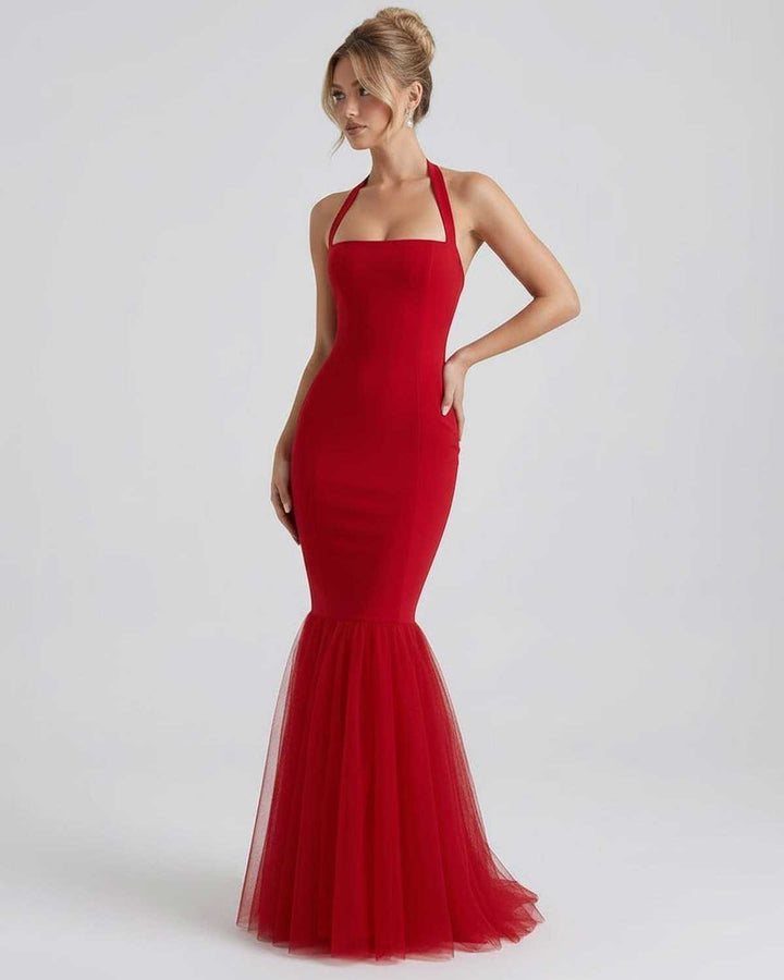 Sofisticado vestido maxi rojo halter para mujer, elegancia pura para fiesta de noche o invitada.