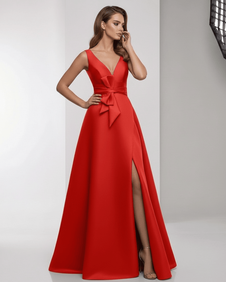 Vestido maxi rojo sofisticado para mujer, con abertura, ideal para eventos de noche, cenas o bodas formales.