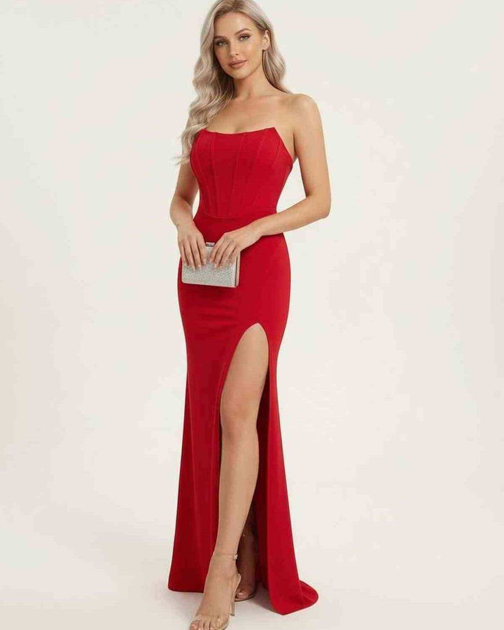Vestido rojo formal de noche, largo maxi, con un estilo que irradia elegancia y sofisticación para cualquier evento.