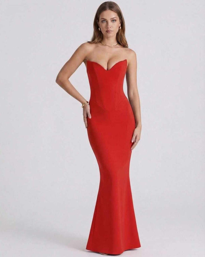 Vestido maxi sirena blanco sin tirantes para mujer. Elegancia pura para eventos de noche, gala o bodas.