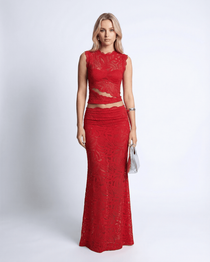 Conjunto de encaje blanco para mujer, dos piezas. Elegante y formal para noche.