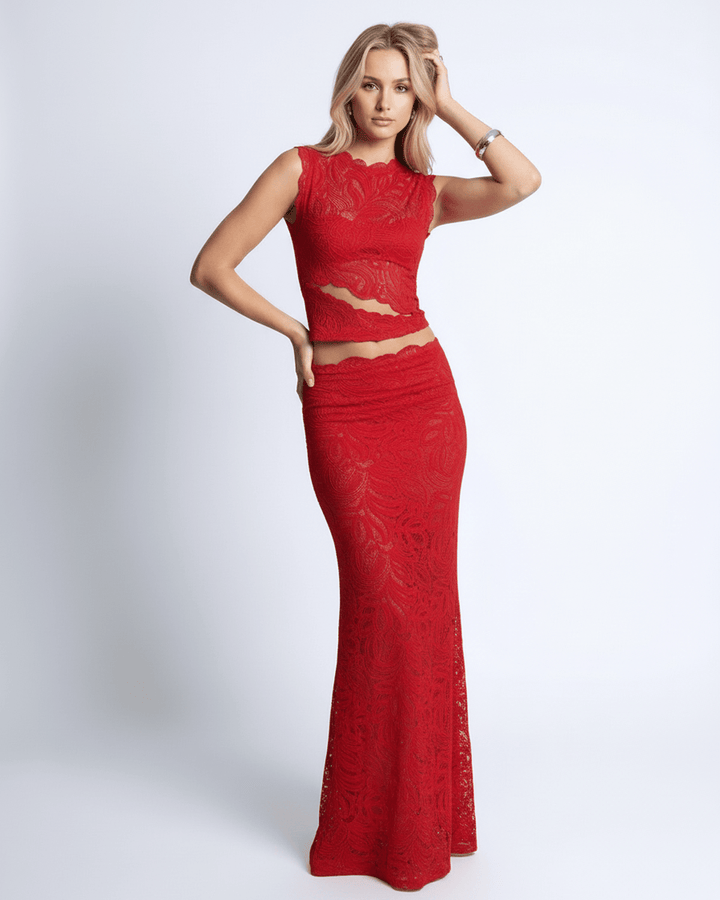 Conjunto de dos piezas de encaje blanco para mujer, ideal para noche o fiesta, estilo maxi.