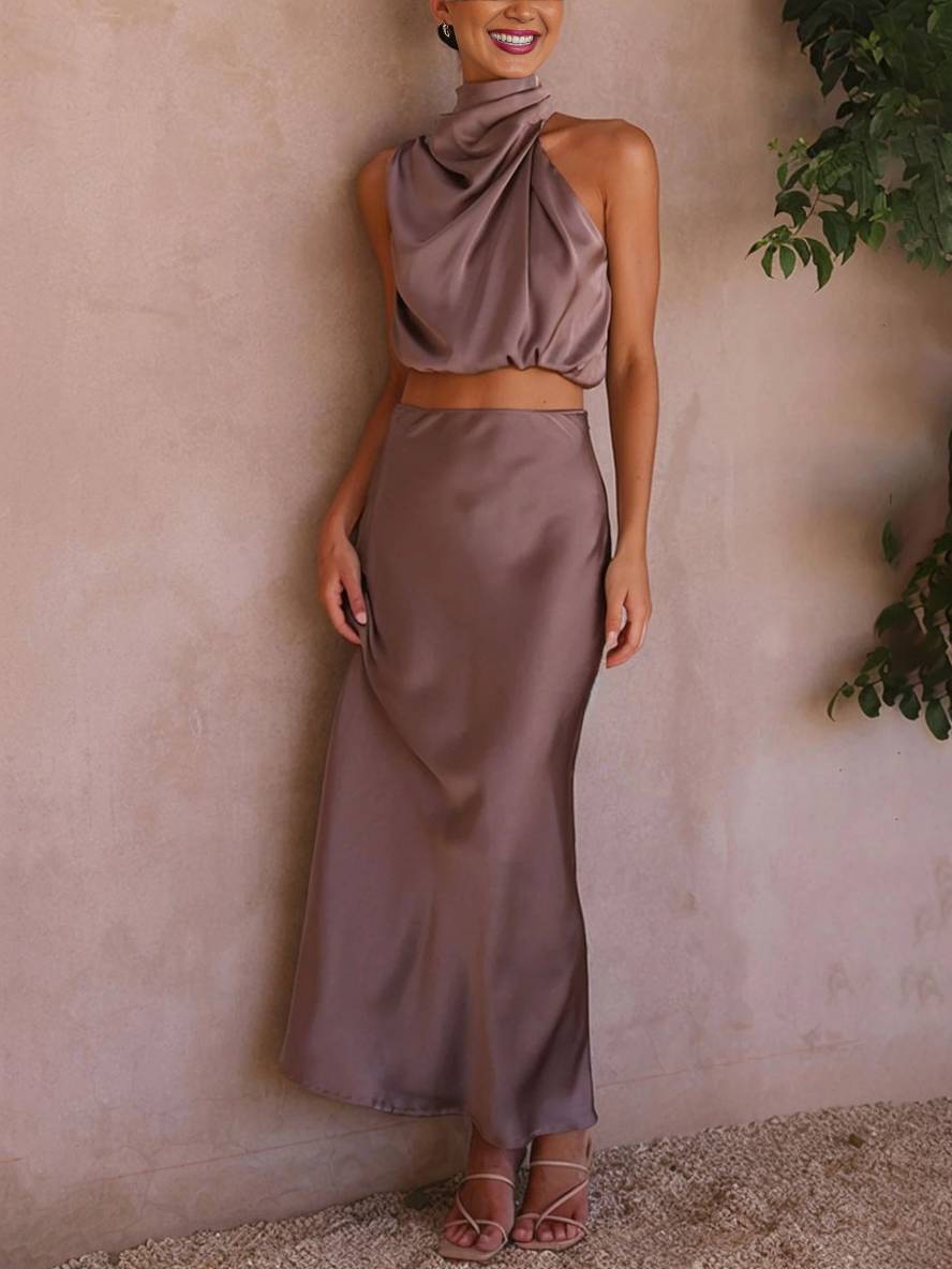 Conjunto de fiesta de noche, mujer, dos piezas halter, elegante y versátil.