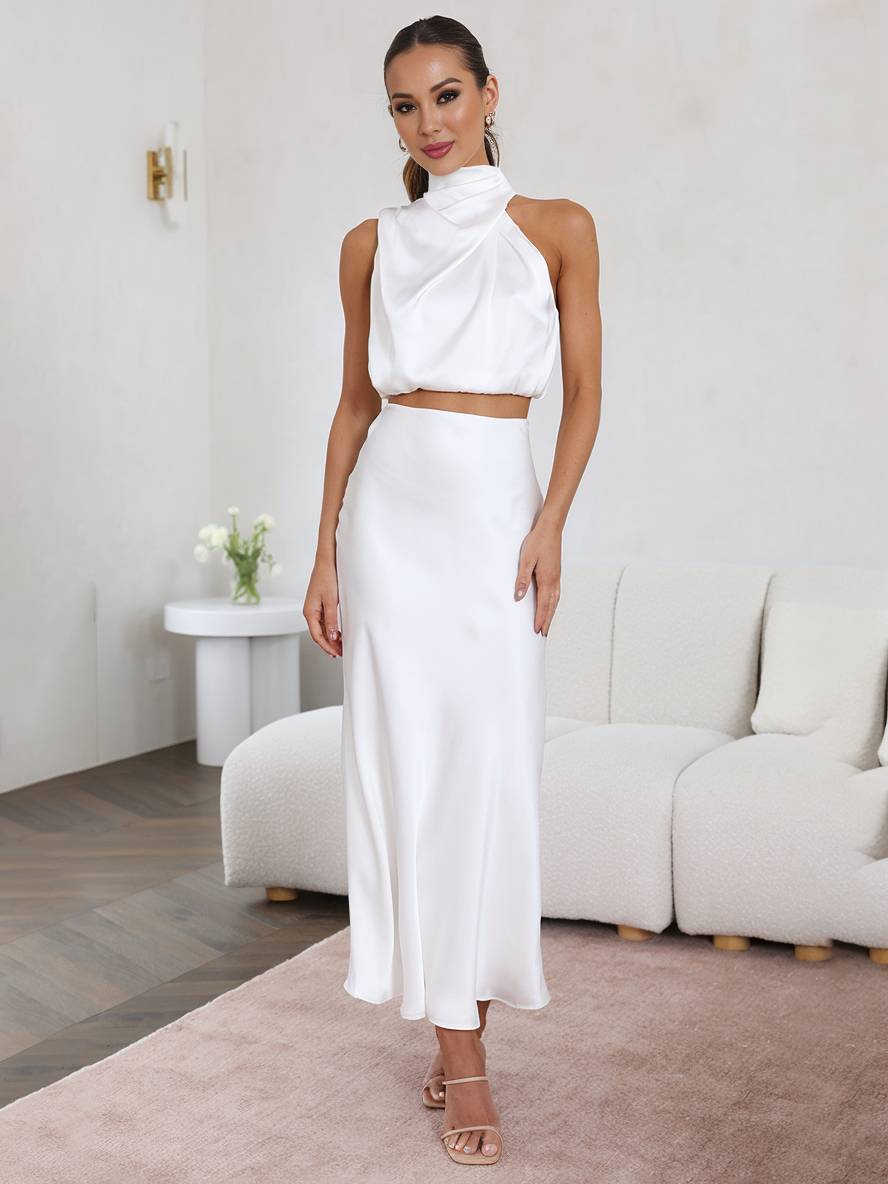 Conjunto de fiesta elegante, mujer, dos piezas halter, para verano y ocasiones especiales.