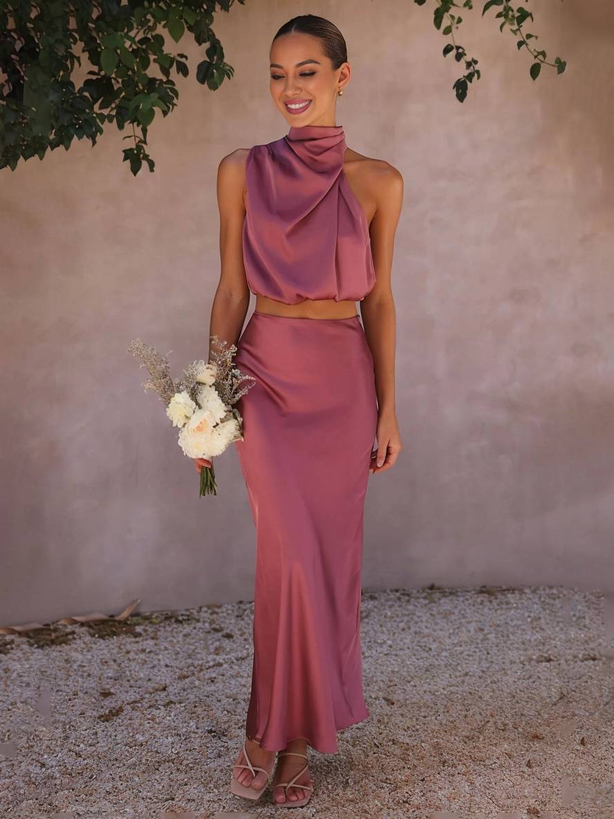 Conjunto de fiesta de gala para mujer, dos piezas halter, elegante y chic.