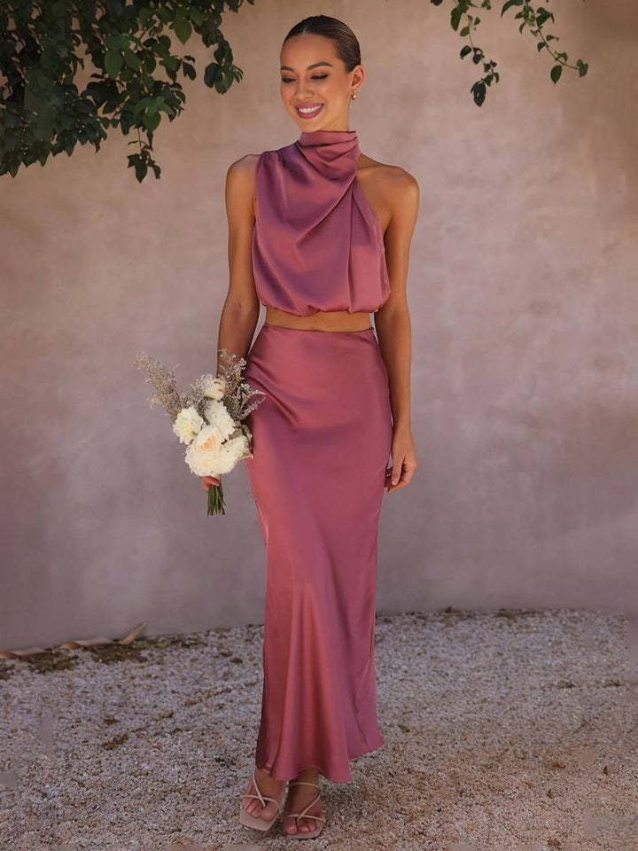 Conjunto de fiesta de gala para mujer, dos piezas halter, elegante y chic.