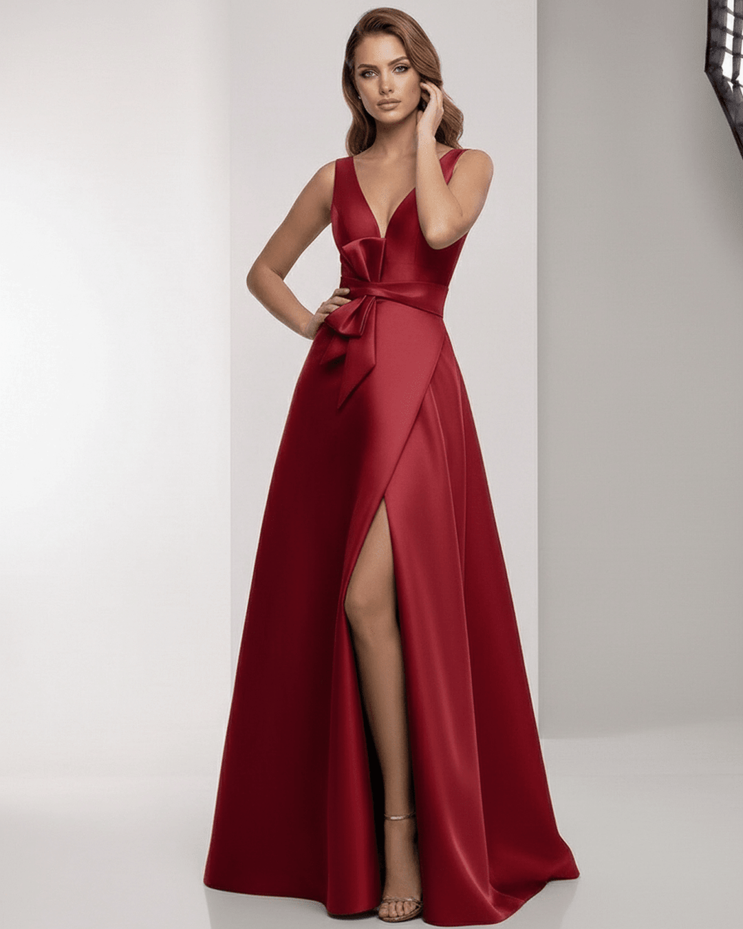 Mujer con vestido blanco maxi A-line. Vestido de fiesta elegante, sin mangas, ideal para ocasiones especiales.