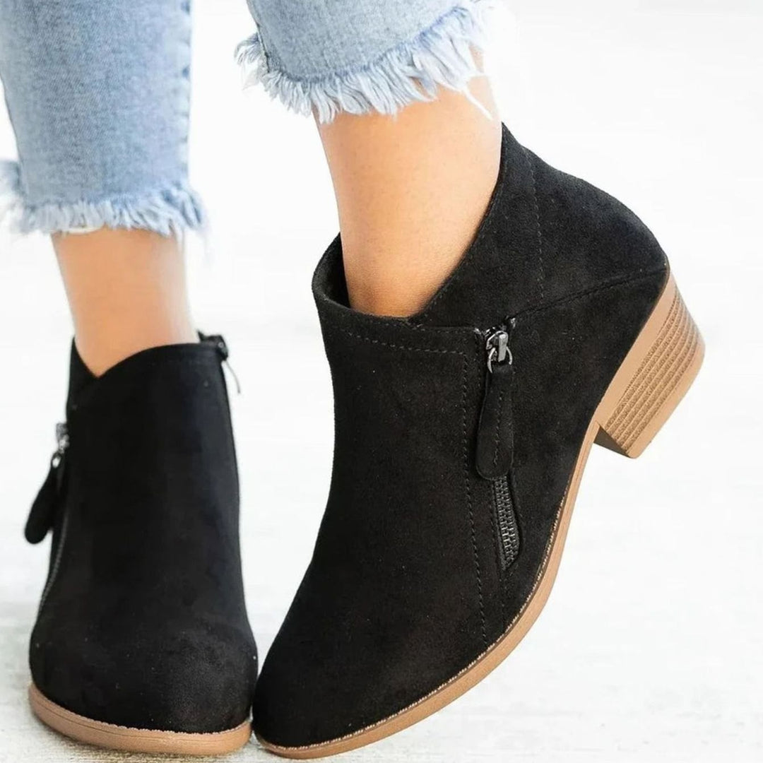 Botines de mujer de ante suave al tobillo, con cremallera lateral y tacón grueso cómodo para moda.