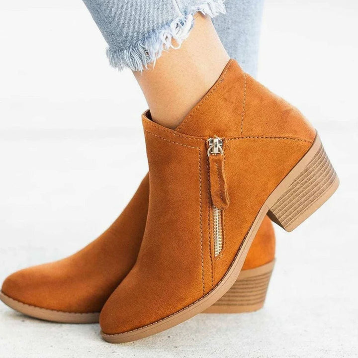 Botines de ante para mujer con tacón grueso, cremallera, perfectos para looks de otoño-invierno.