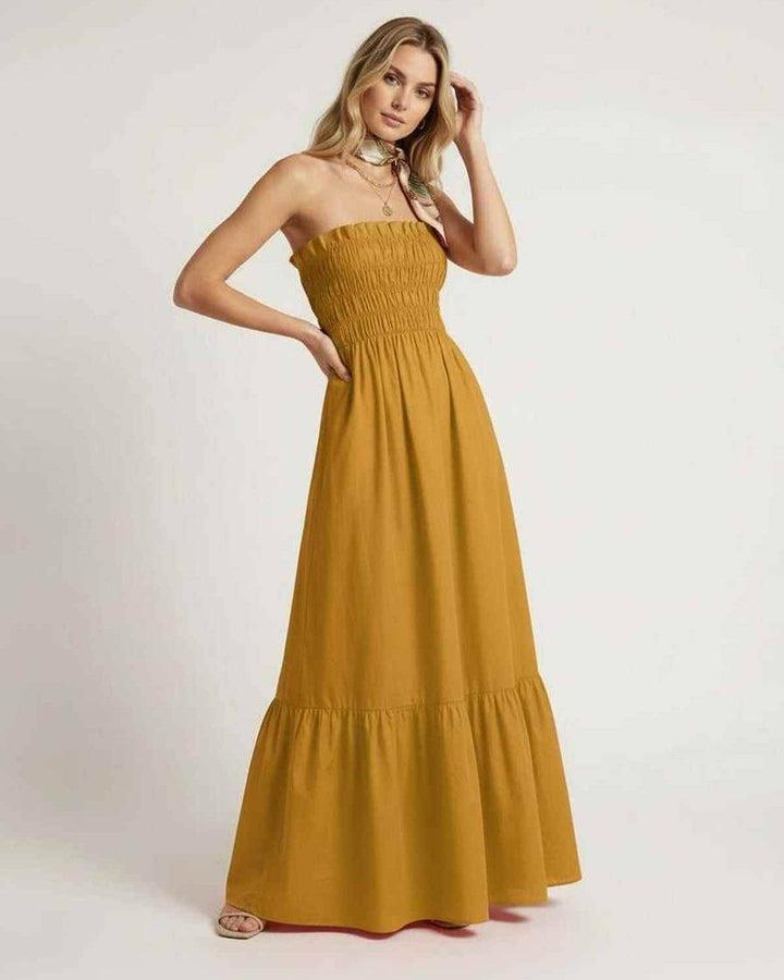 Vestido maxi fluido Valora amarillo mostaza, estilo casual y cómodo para mujer, perfecto para días de verano.