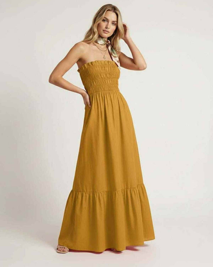 Vestido maxi amarillo mostaza Valora, fluido y cómodo, perfecto para vacaciones y un estilo casual de verano.