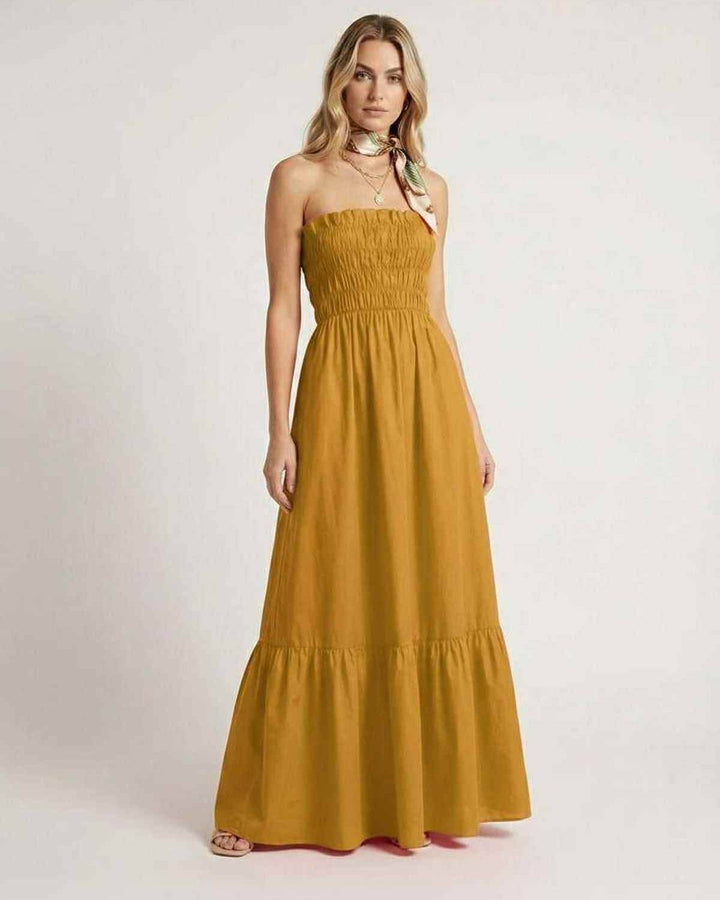 Vestido maxi Valora amarillo mostaza para mujer, fluido y sin mangas, ideal para verano y vacaciones.