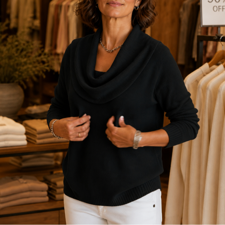 Suéter drapeado casual para mujer, cuello chimenea, perfecto para el frío.