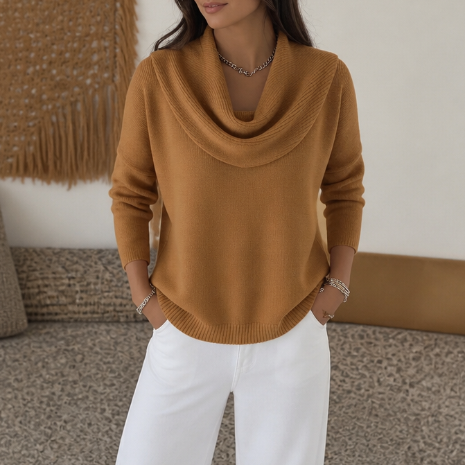 Jersey de manga larga mujer, cuello chimenea, diseño elegante y drapeado.