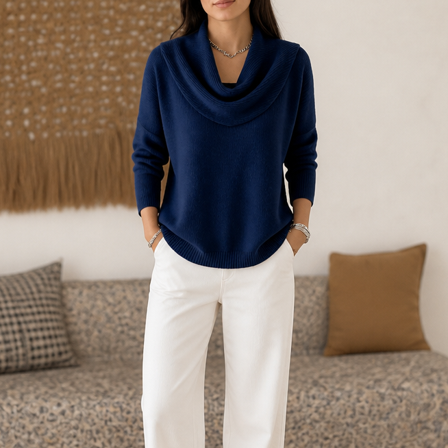 Jersey femenino drapeado, cuello alto chimenea, ideal para vestir en invierno.