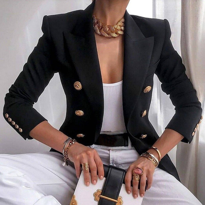Blazer elegante RHEA para mujer. Chaqueta entallada negra, un básico versátil para ropa casual y oficina.