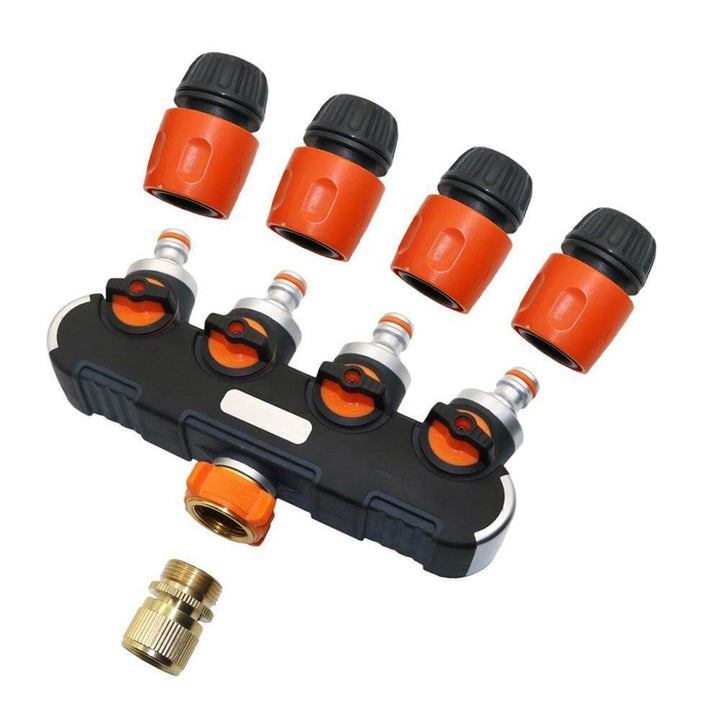Adaptador de riego universal con 4 salidas para manguera, facilita la conexión y control del agua en jardín.
