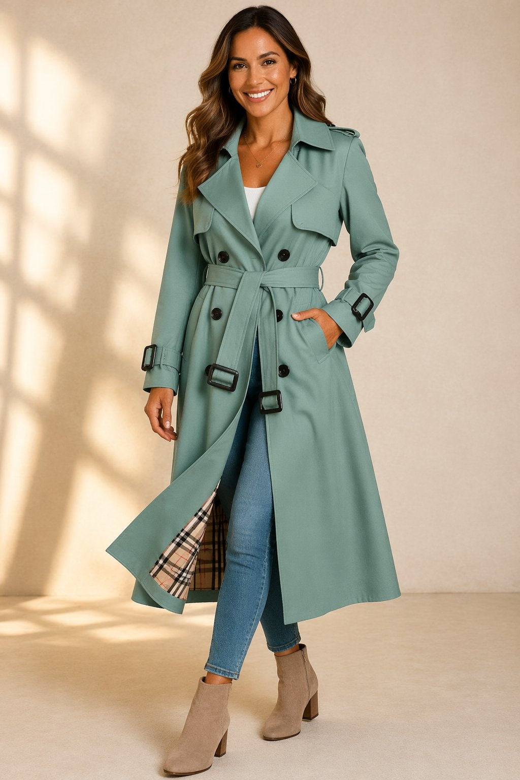 Gabardina larga clásica de mujer con doble botonadura, cinturón ajustable y cuello solapa. Abrigo elegante para otoño.
