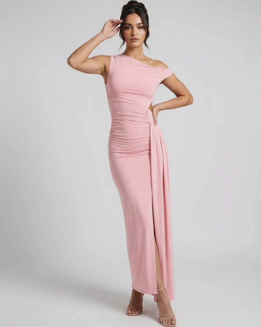 Vestido maxi formal de mujer, Velina. Un hombro, elegante silueta ajustada para boda o evento especial.