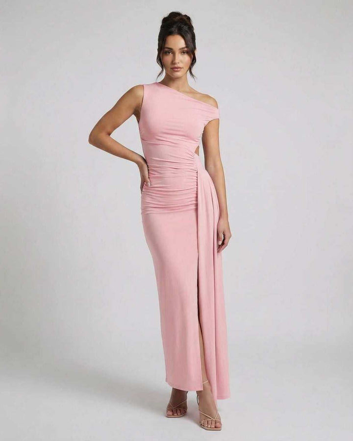 Vestido maxi Velina blanco de un hombro para mujer, ideal fiesta y noche. Silueta ajustada, diseño moderno y elegante.
