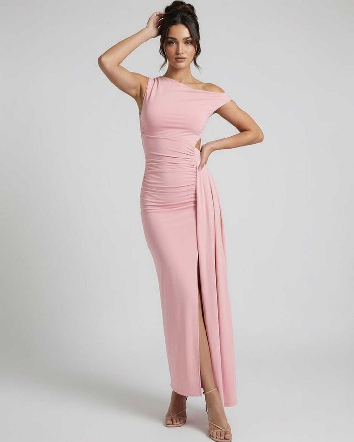 Vestido maxi Velina sin mangas, un hombro, blanco. Diseño moderno y formal para mujer, perfecto evento especial.