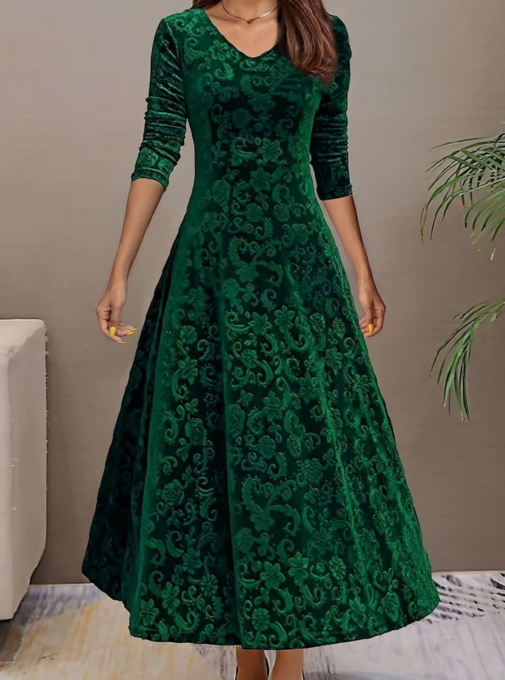 Vestido midi de terciopelo floral para mujer, cuello V, manga larga. Ideal para fiestas y eventos elegantes.