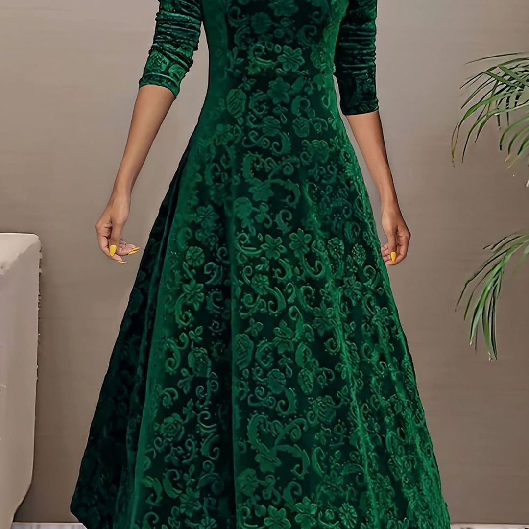 Versátil vestido midi de terciopelo floral para mujer, cuello V, manga larga. Estilo elegante y cómodo.
