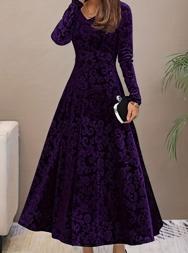 Vestido de fiesta midi de terciopelo para mujer, diseño floral, manga larga. Ideal para celebraciones.