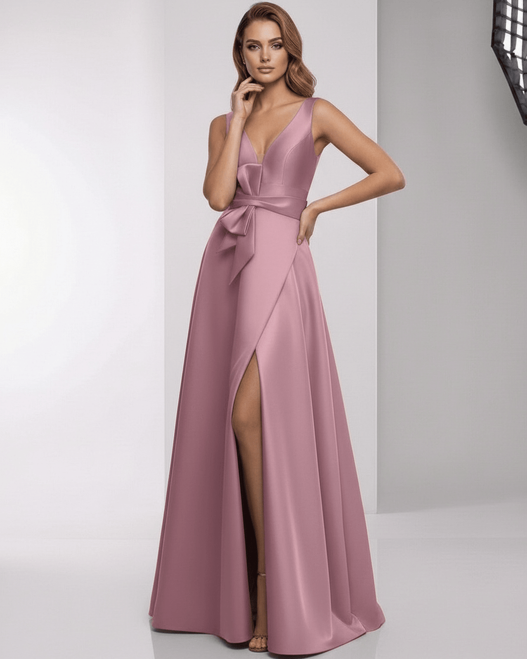 Mujer luciendo elegante vestido maxi A-line rosa polvoriento. Vestido de noche formal para ocasiones especiales.