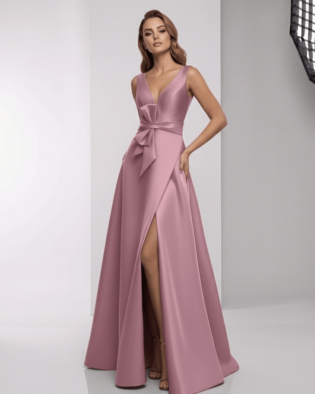 Elegante vestido maxi formal rosa polvoriento para mujer. Ideal invitada de boda u ocasión especial nocturna.