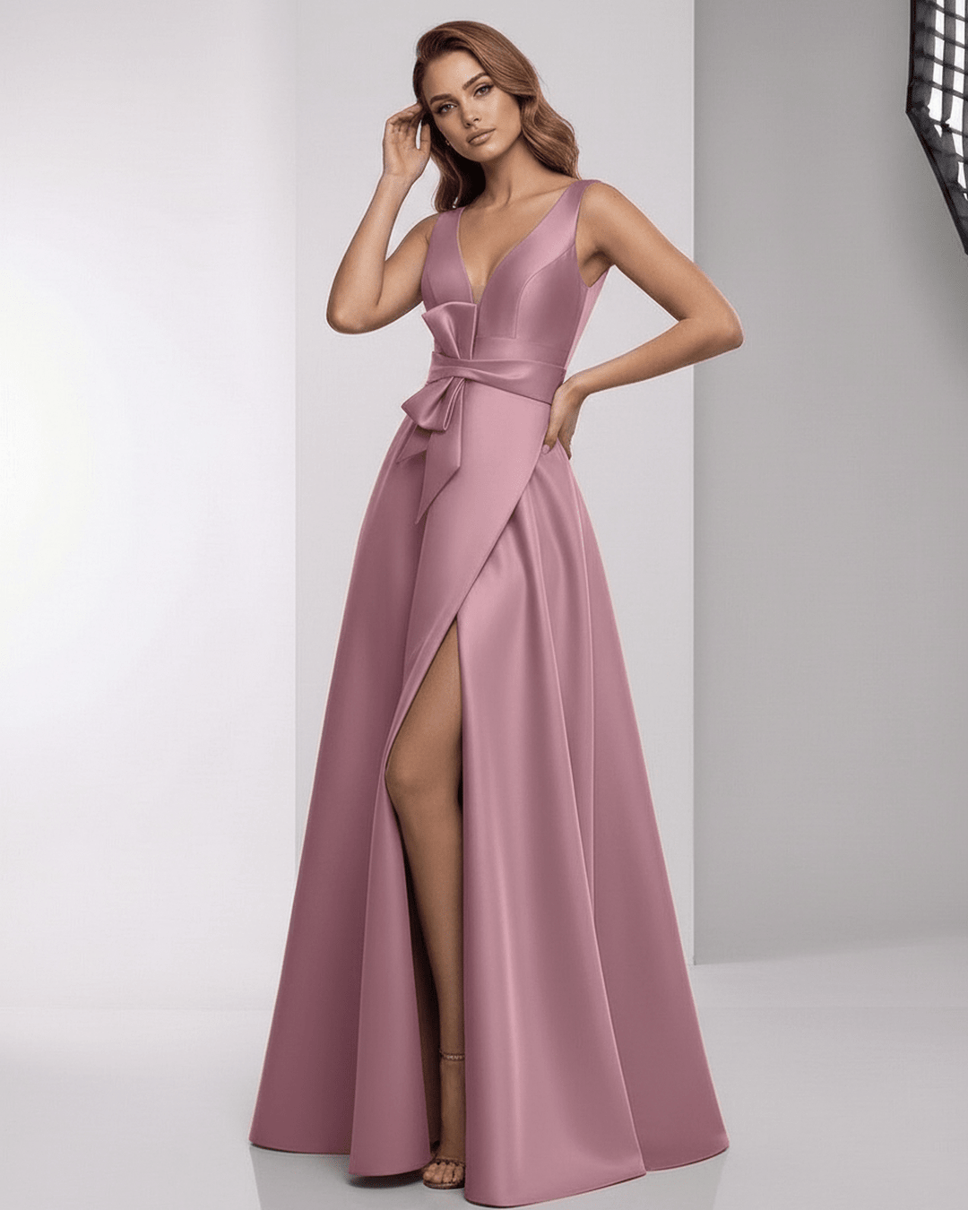 Vestido largo maxi rosa polvoriento de noche para mujer. Corte A-line y sin mangas, ideal para eventos elegantes.