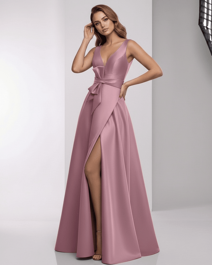 Vestido largo maxi rosa polvoriento de noche para mujer. Corte A-line y sin mangas, ideal para eventos elegantes.