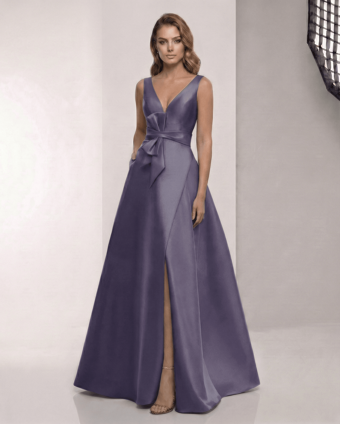 Vestido maxi blanco de noche para mujer, silueta A-line, sin mangas, con elegante lazo.