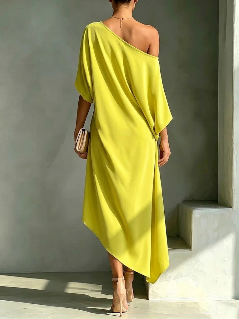 Vestido midi asimétrico femenino con hombro descubierto, ideal para un estilo elegante de fiesta o para el día a día.