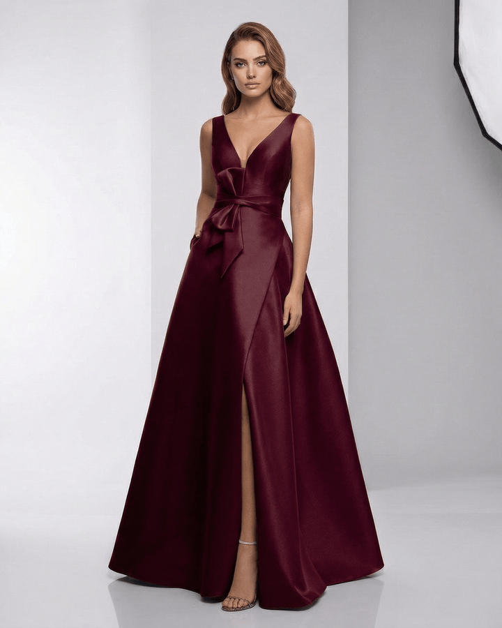 Vestido maxi de noche elegante para mujer con escote en V, silueta A-line flotante. Ideal para fiestas y ocasiones especiales.