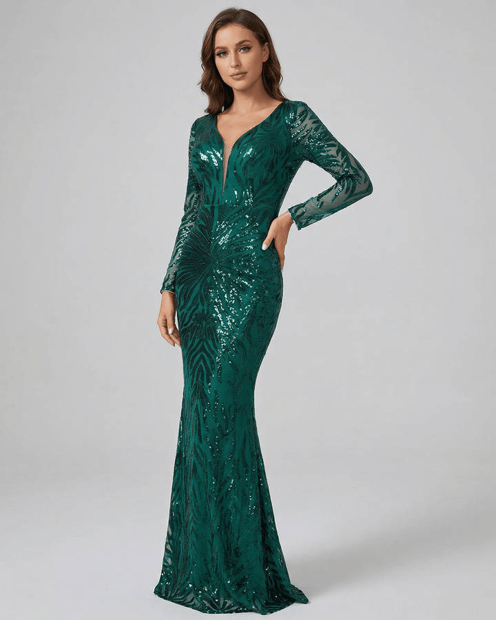 Elegante vestido formal verde maxi con brillo, mangas largas y escote V, ideal para noches de fiesta y gala.