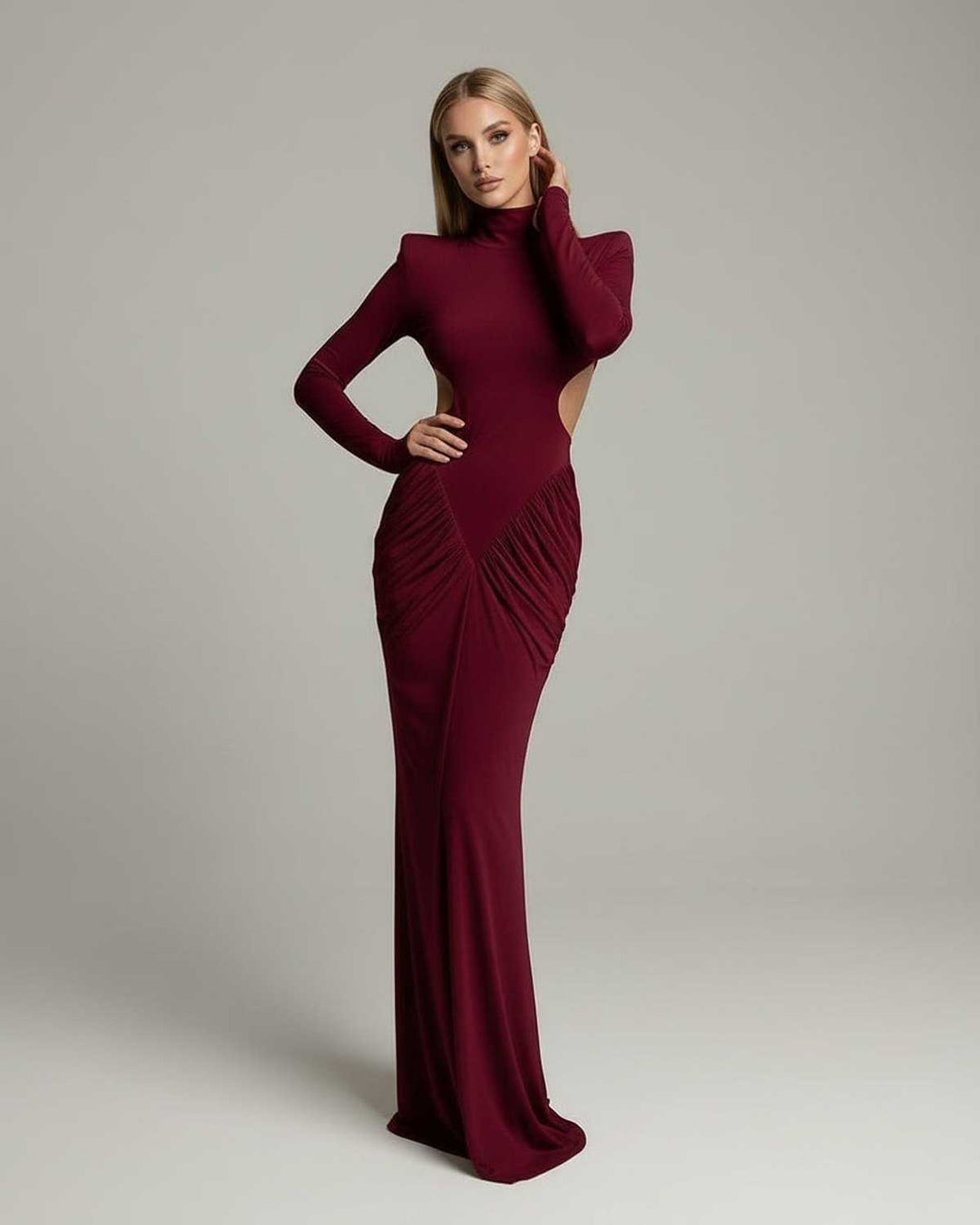 Maxi vestido rojo ajustado con manga larga para mujer, sofisticado para ocasiones de noche. Estilo elegante y único.