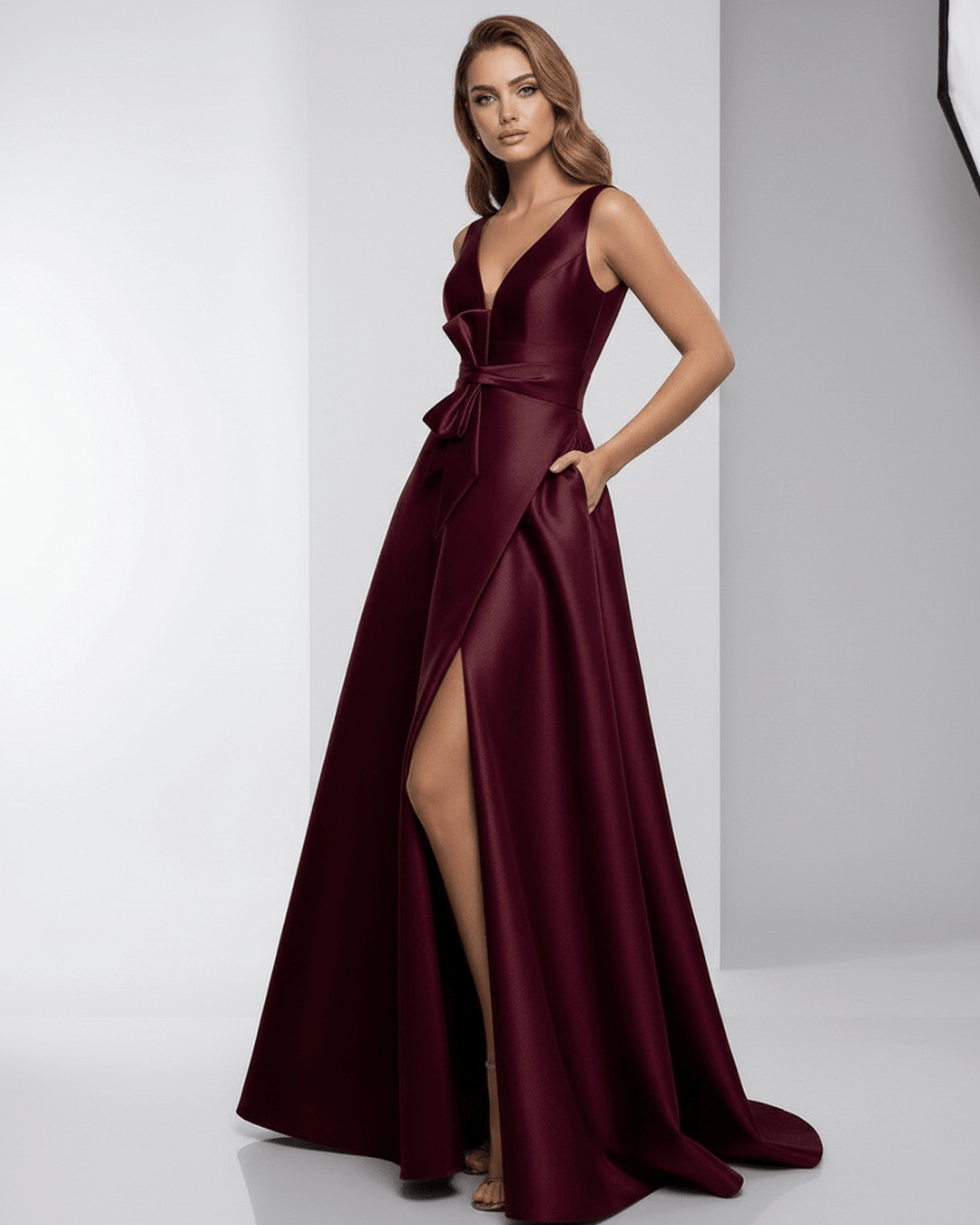 Moda mujer: Vestido maxi formal con escote en V. Elegancia flotante, perfecto para noches y eventos especiales.