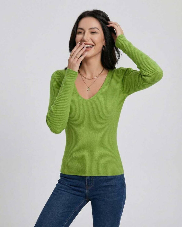 Elegante suéter V-neck de mujer con rayas, manga larga y ajuste ceñido. Ideal para oficina o casual.