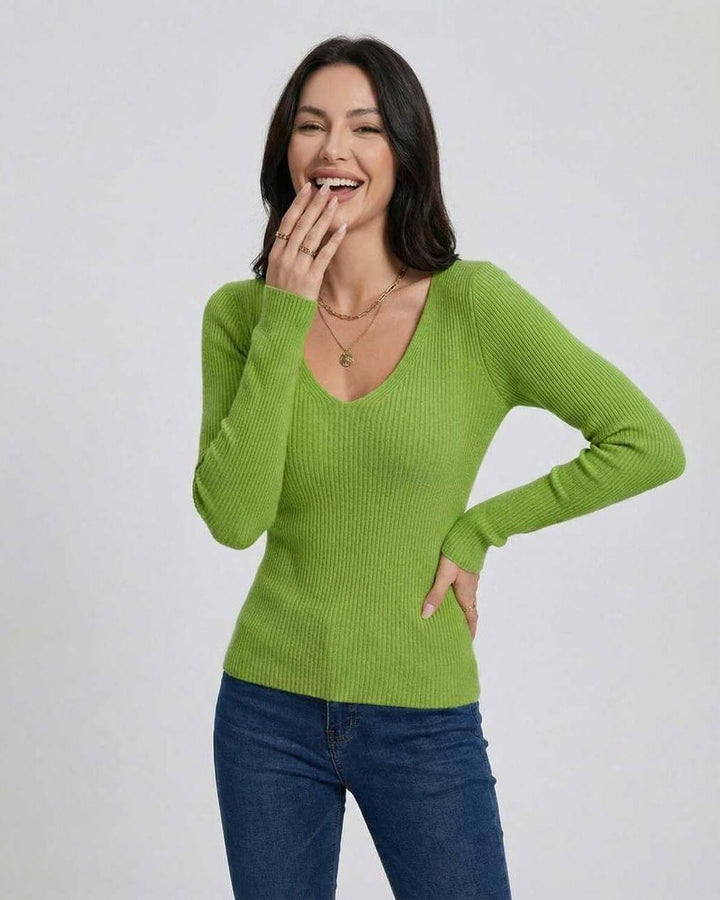 Suéter de punto V-neck para mujer, manga larga y ajuste cómodo. Ideal para un look casual en invierno.